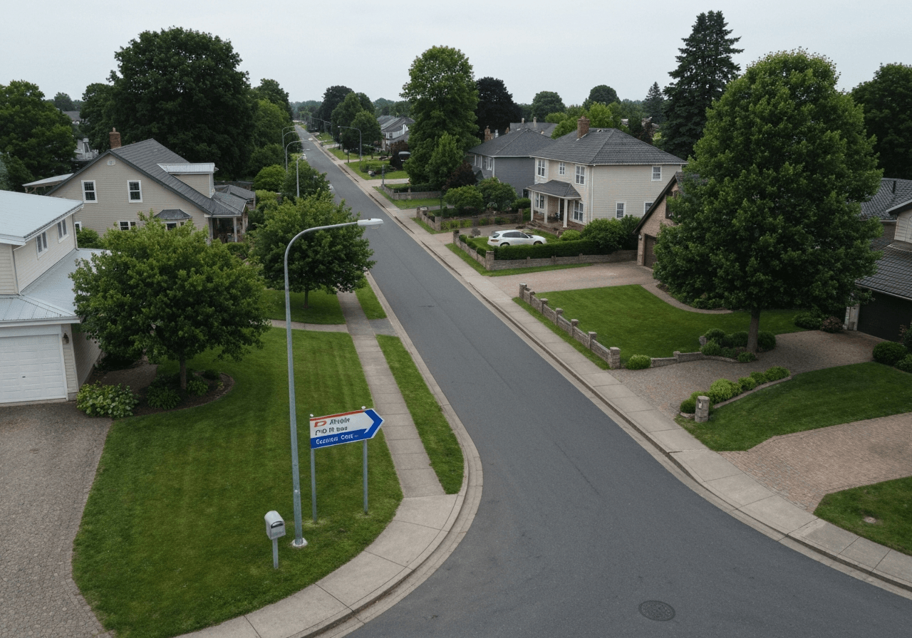 Aerial view of a clean, modern street in a quiet suburban district with a sign pointing towards a local post office, cinematic lighting, editorial photography, 85mm lens, high quality, no text, no letters