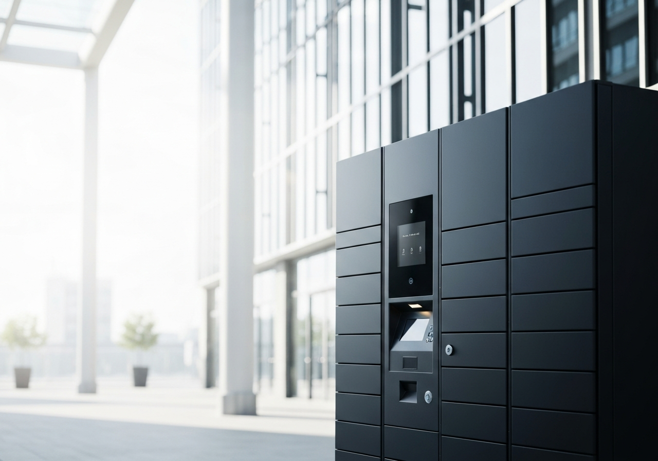 A sleek, modern automated locker unit in a bright, minimalist urban setting, soft natural light, depth of field, high-end editorial aesthetic, 85mm lens, no text, no words, no letters