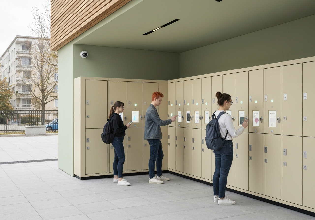 A modern, minimalist locker storage facility in an urban setting near a university, students interacting with digital interfaces, clean aesthetic, soft natural light, 85mm lens, editorial style, no text, no words, no letters
