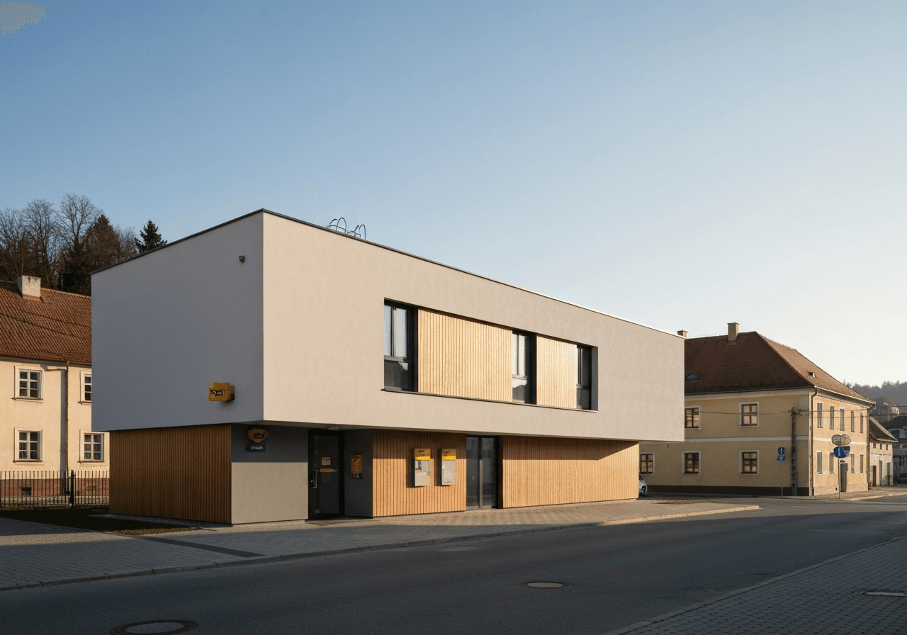 A professional, clean exterior shot of a modern Czech Post office building in a small town, warm daylight, editorial photography style, high quality, 85mm lens, no text, no words, no letters