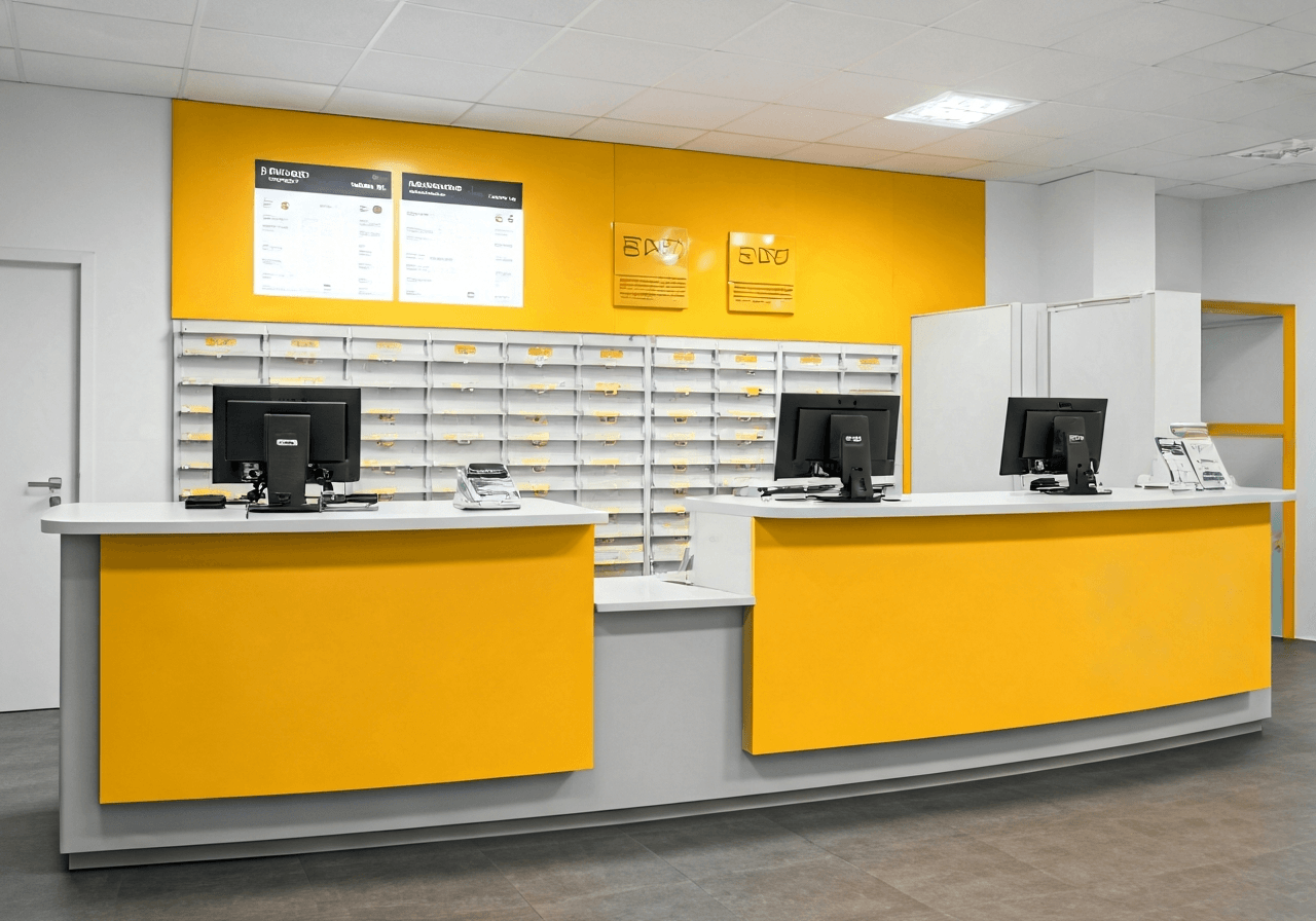 A professional, modern post office interior in Nýřany, focus on customer interaction at the counter, bright atmosphere with clean lines, editorial photography style, 85mm lens, soft natural lighting, no text, no words, no letters.