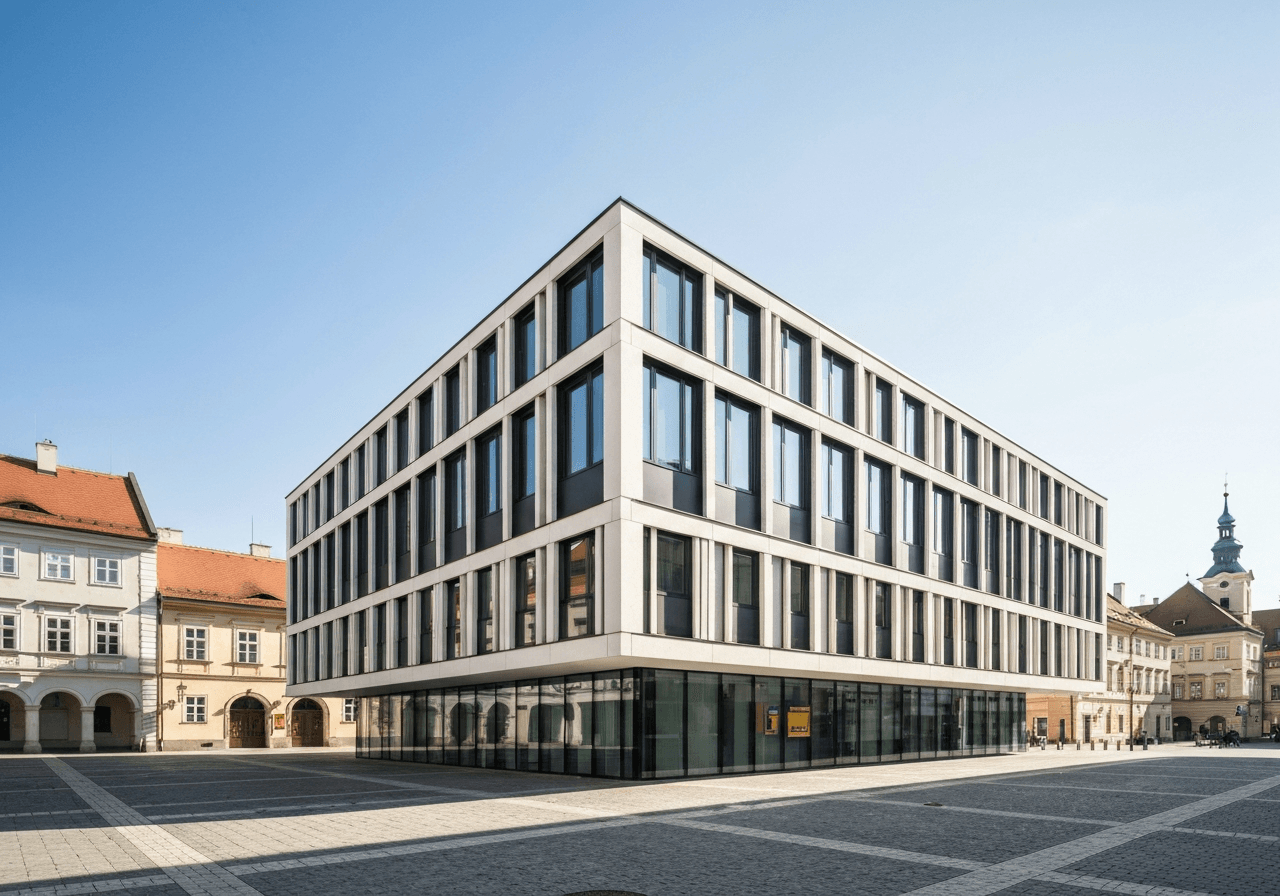 A wide-angle exterior view of a modern post office building in a historical Czech town square, clean architecture, bright daylight, soft natural light, professional editorial photography, 85mm lens, no text, no words, no letters.