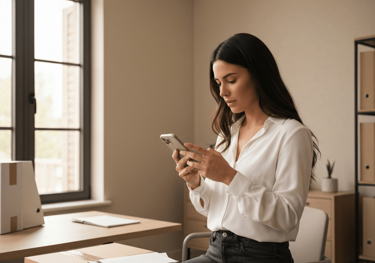 A professional person using a smartphone to track a package in a modern, sunlit home office, minimalist design, editorial photography, soft natural light, 85mm lens, highly detailed, no text, no words, no letters.