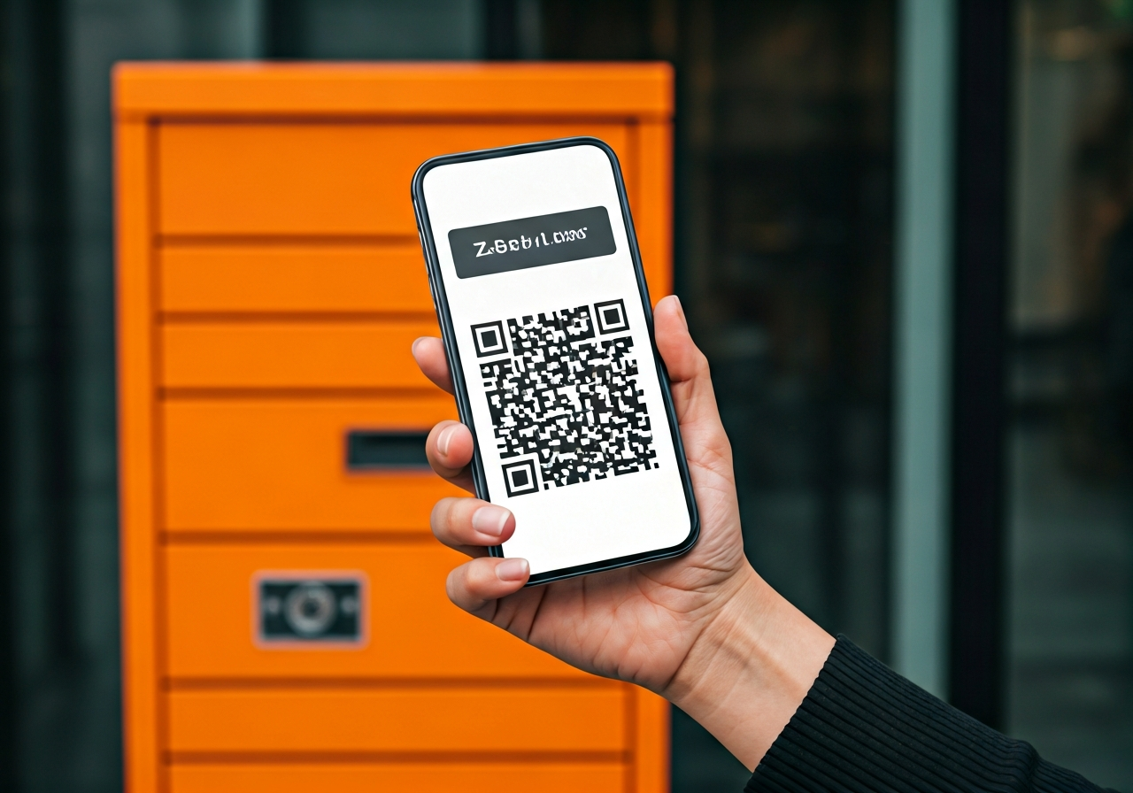 A close-up shot of a smartphone screen showing a QR code held against a modern, sleek orange Z-BOX parcel locker, urban setting, clean composition, soft natural light, professional editorial style, 85mm lens, no text, no words, no letters.