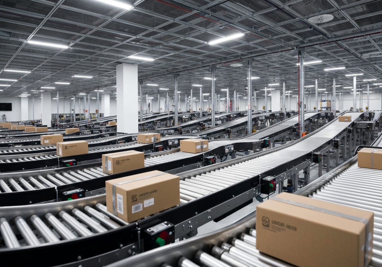 A high-tech logistics sorting hub with automated conveyor belts, minimalist and clean design, depth of field, professional editorial photography, soft ambient lighting, 85mm lens, no text, no words, no letters