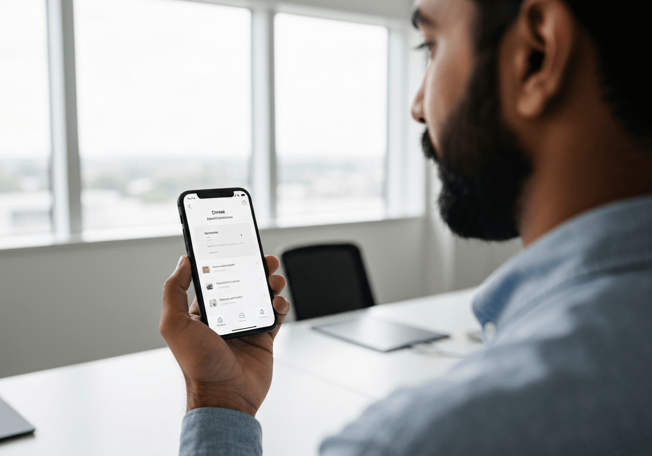 A modern, minimalist smartphone interface showing a digital parcel tracking application, held by a person in a bright, clean office environment, high-end editorial photography, shallow depth of field, 85mm lens, soft natural daylight, professional and clean, no text, no words, no letters.