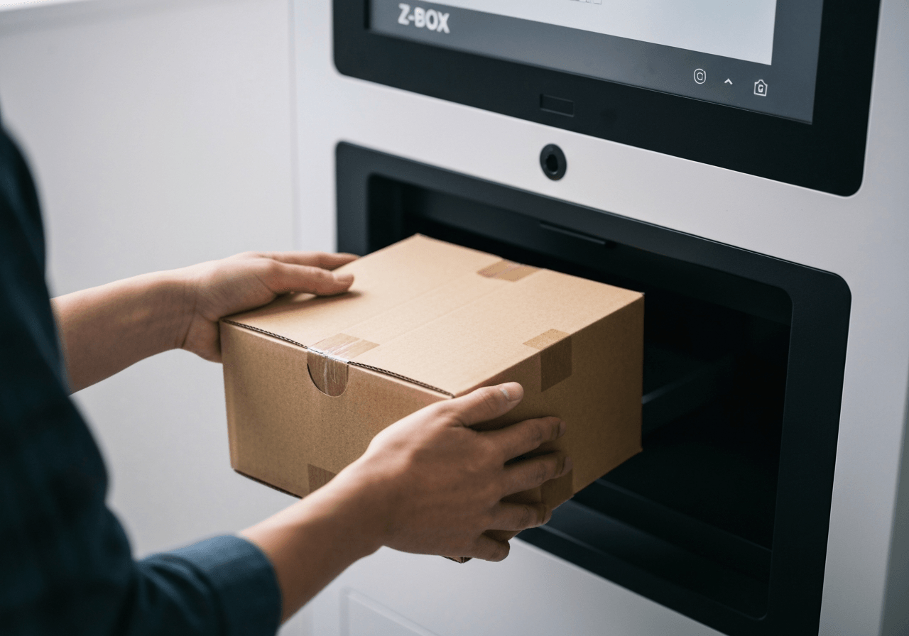 A close-up, high-quality editorial shot of a person's hands placing a neatly packed rectangular cardboard box into a modern, sleek automated Z-BOX terminal, clean aesthetic, soft natural daylight, shallow depth of field, 85mm lens, highly detailed, no text, no words, no letters.