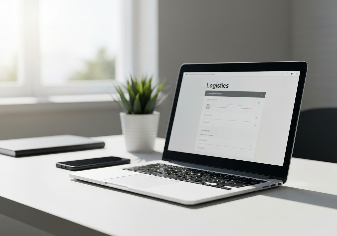 A professional customer service workstation with a sleek laptop and a smartphone, displaying a clean logistics tracking interface, modern office environment, soft natural light, 85mm lens, depth of field, minimalist aesthetic, no text, no words, no letters