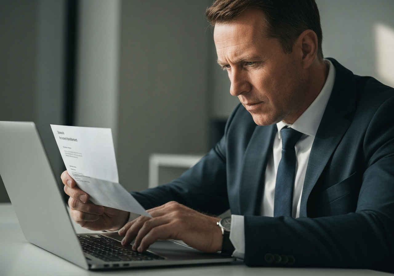 A professional cybersecurity expert analyzing a fraudulent email on a sleek modern laptop, shallow depth of field, neutral office background, soft natural light, 85mm lens, high quality editorial aesthetic, no text, no letters