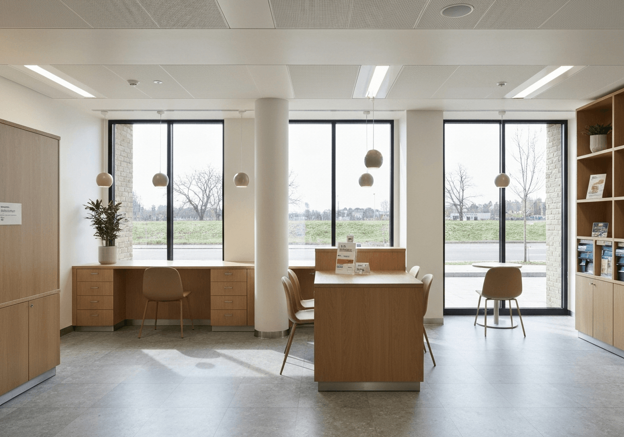 A professional, modern post office branch interior, clean architecture, warm welcoming atmosphere, editorial style, soft natural light through large windows, high-end photography, 85mm lens, no text, no words, no letters.