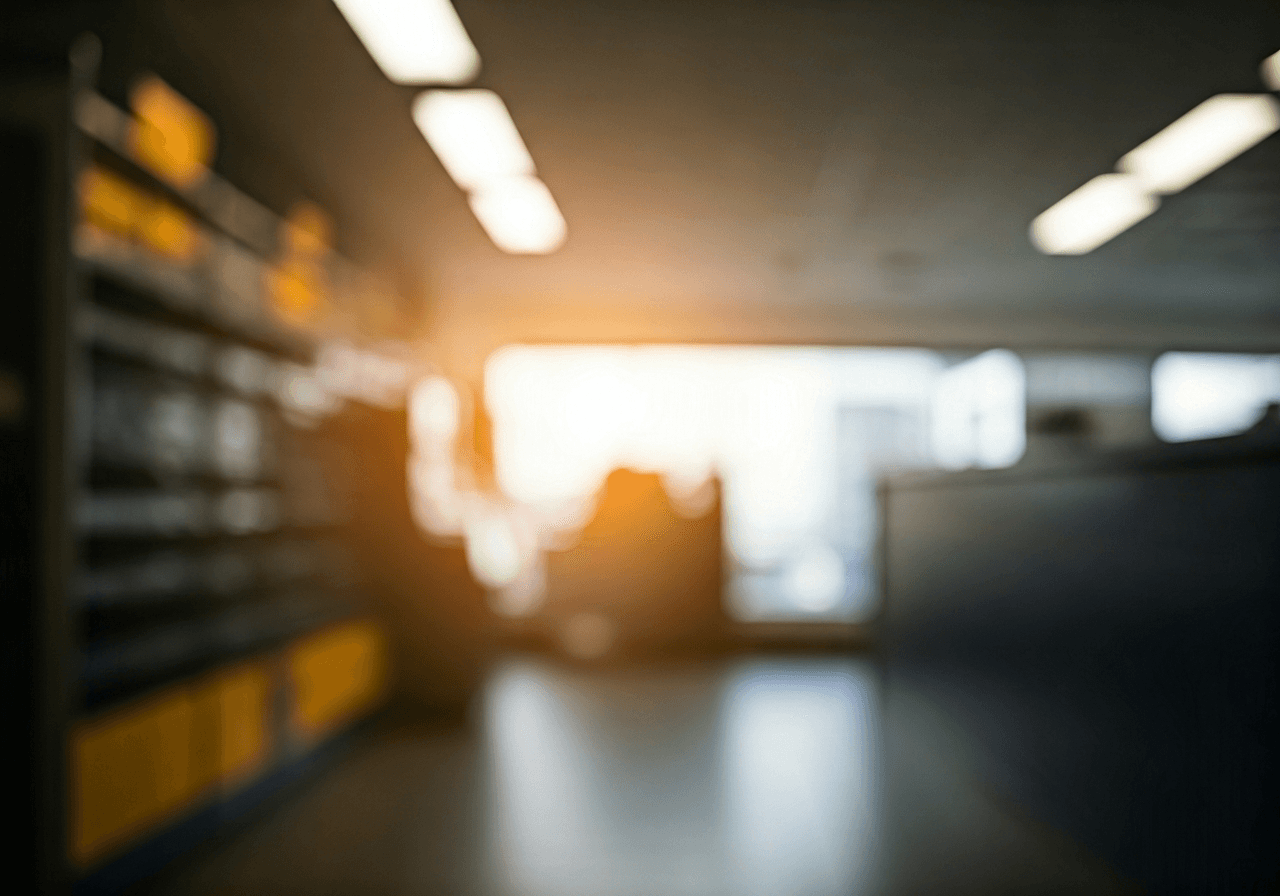 A professional, modern post office interior with clean lines and blurred background, high-end editorial photography, soft natural morning light streaming through windows, 85mm lens, minimalist aesthetic, no text, no words, no letters.