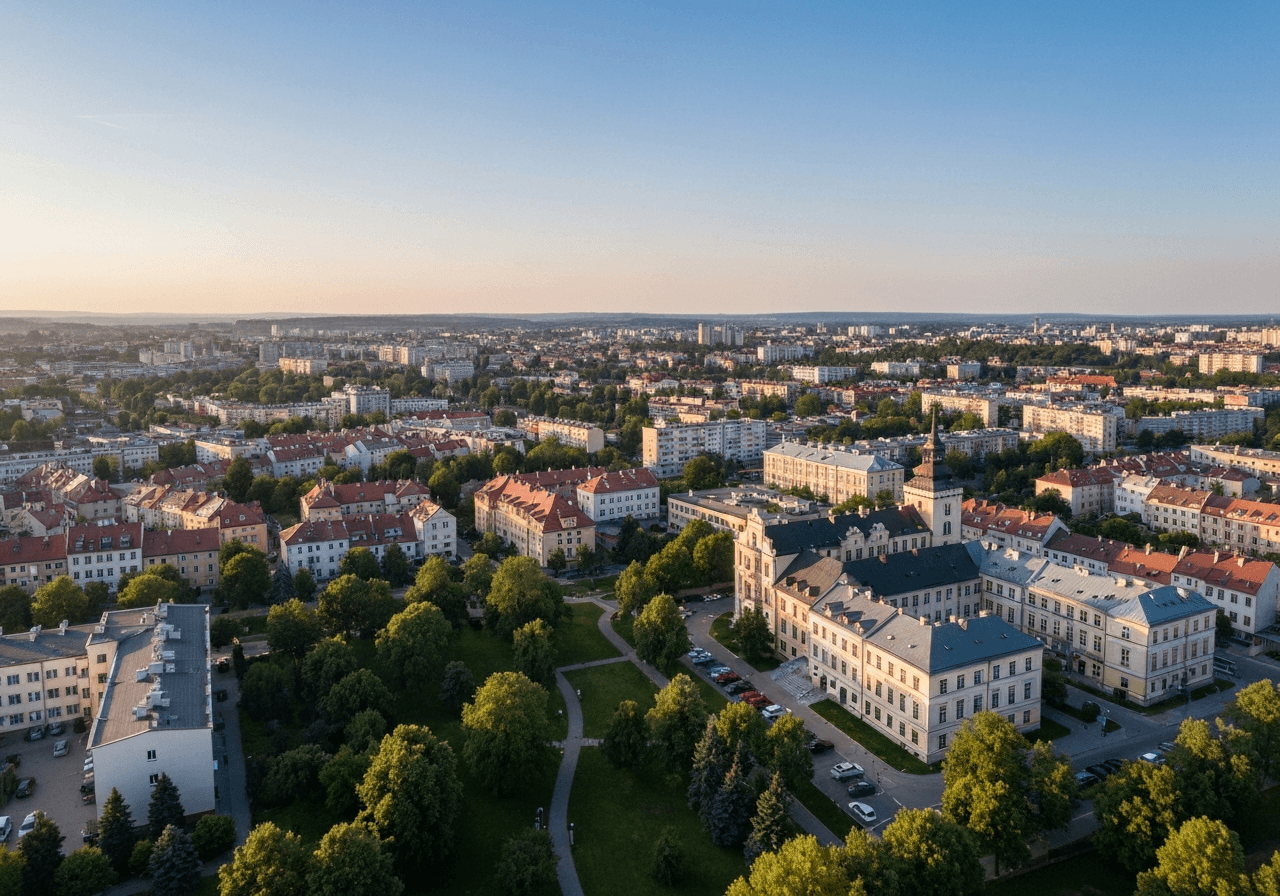 Aerial wide-angle view of the Plzeň 2-Slovany district, showcasing a harmonious mix of residential areas, greenery, and urban architecture, modern editorial photography, soft golden hour natural light, 85mm lens, high resolution, no text, no letters