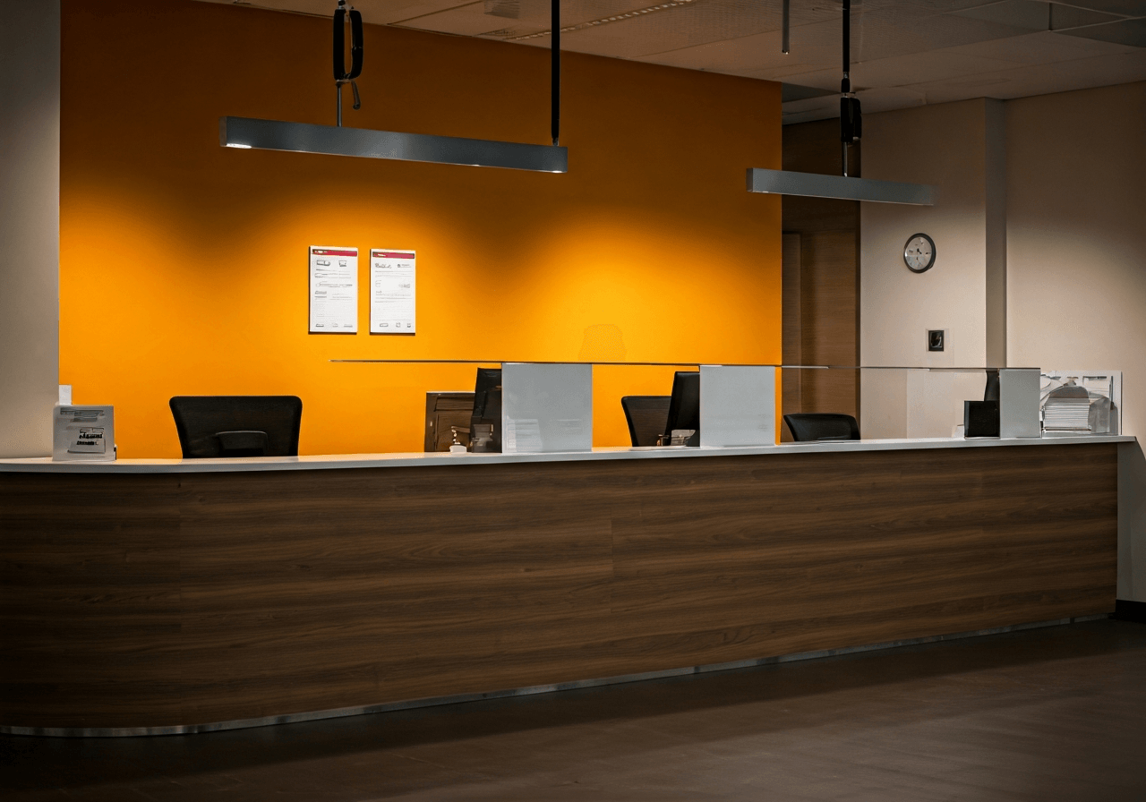 A high-quality editorial shot of a modern, clean postal facility interior with a professional customer service counter, warm natural light, 85mm lens, minimalist aesthetic, focus on efficiency, no text, no words, no letters