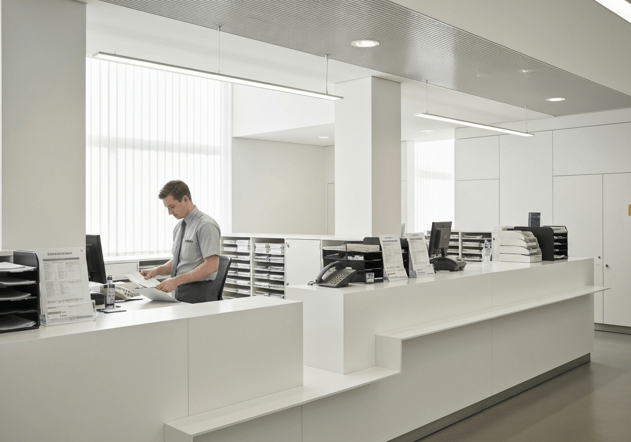 A high-end, clean interior of a modern post office service desk, featuring minimalist design and organized paperwork, soft natural light streaming through a window, 85mm lens, professional architectural photography, no text, no words, no letters.