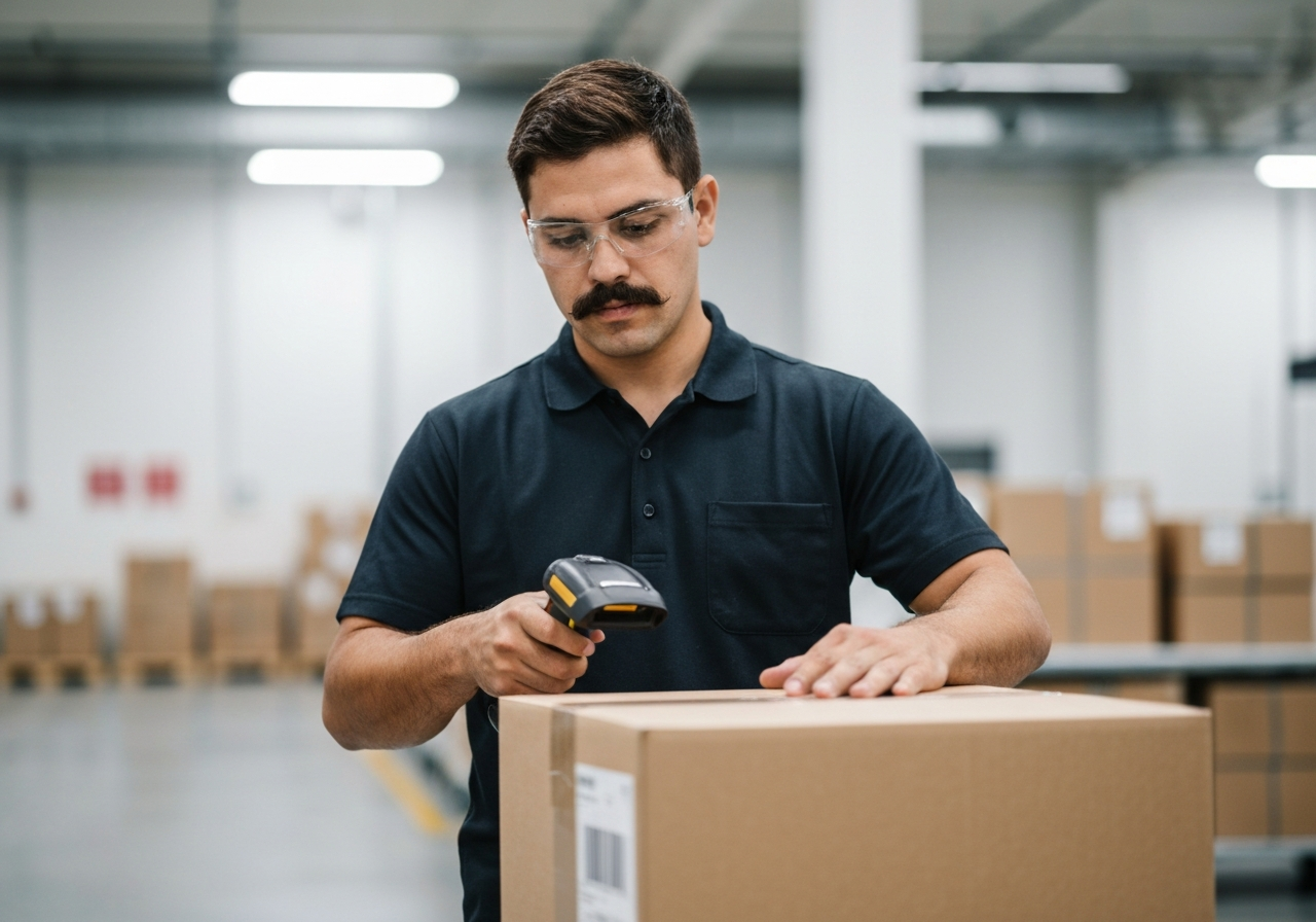 A professional warehouse worker using a handheld scanner on a cardboard parcel, modern logistics facility, clean aesthetic, editorial photography, premium corporate environment, soft natural light, 85mm lens, high resolution, no text, no letters, no labels.