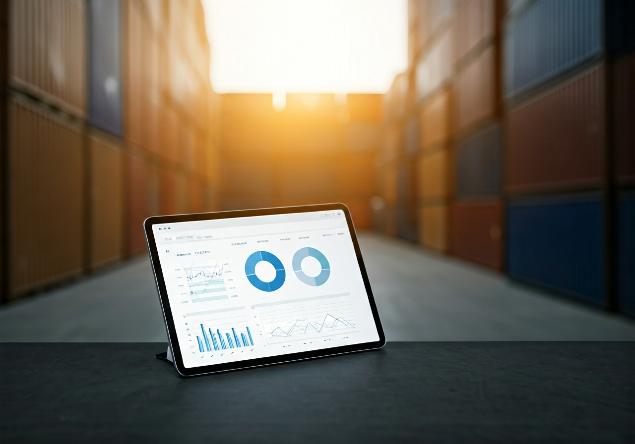 A professional logistics warehouse setting with blurred crates in the background, a focus on a tablet screen showing financial charts and shipping cost metrics, editorial photography, clean aesthetic, soft natural light, 85mm lens, high resolution, no text, no words, no letters