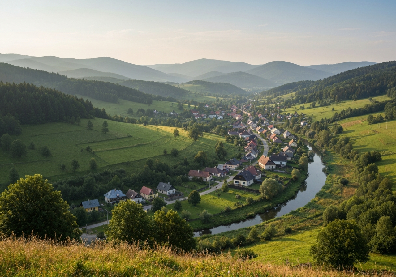 Panoramic aerial view of Huslenky village nestled in the Vsetínské vrchy mountains, lush green valleys, Vsetínská Bečva river winding through the landscape, editorial photography, soft natural morning light, 85mm lens, high resolution, no text, no words, no letters.