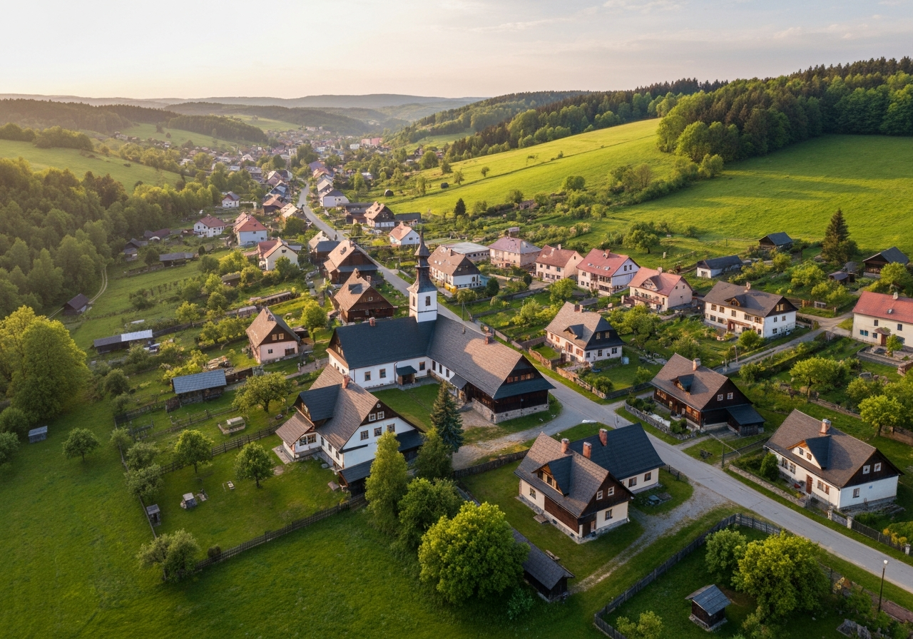 Aerial drone photography of a typical Moravian-Silesian village in the valley of Vsetinske vrchy, rolling green hills with traditional wooden architecture, soft golden hour sunlight, 85mm lens, high resolution, no text, no letters, no labels