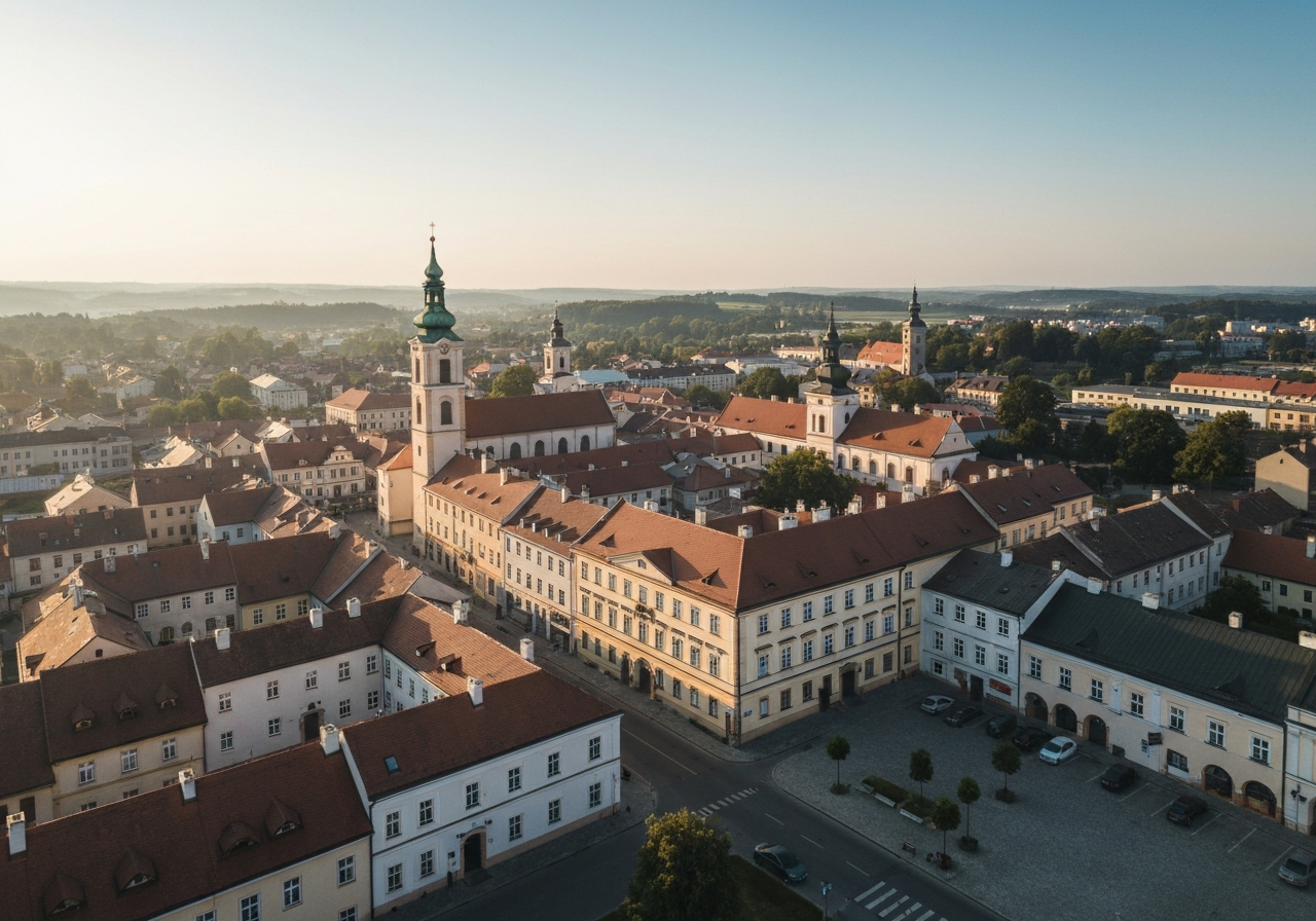 Aerial view of the historical town of Příbor in the Czech Republic, sunlit architecture, clean urban layout, high-end editorial architectural photography, soft morning light, 85mm lens, sharp focus, no text, no words, no letters.