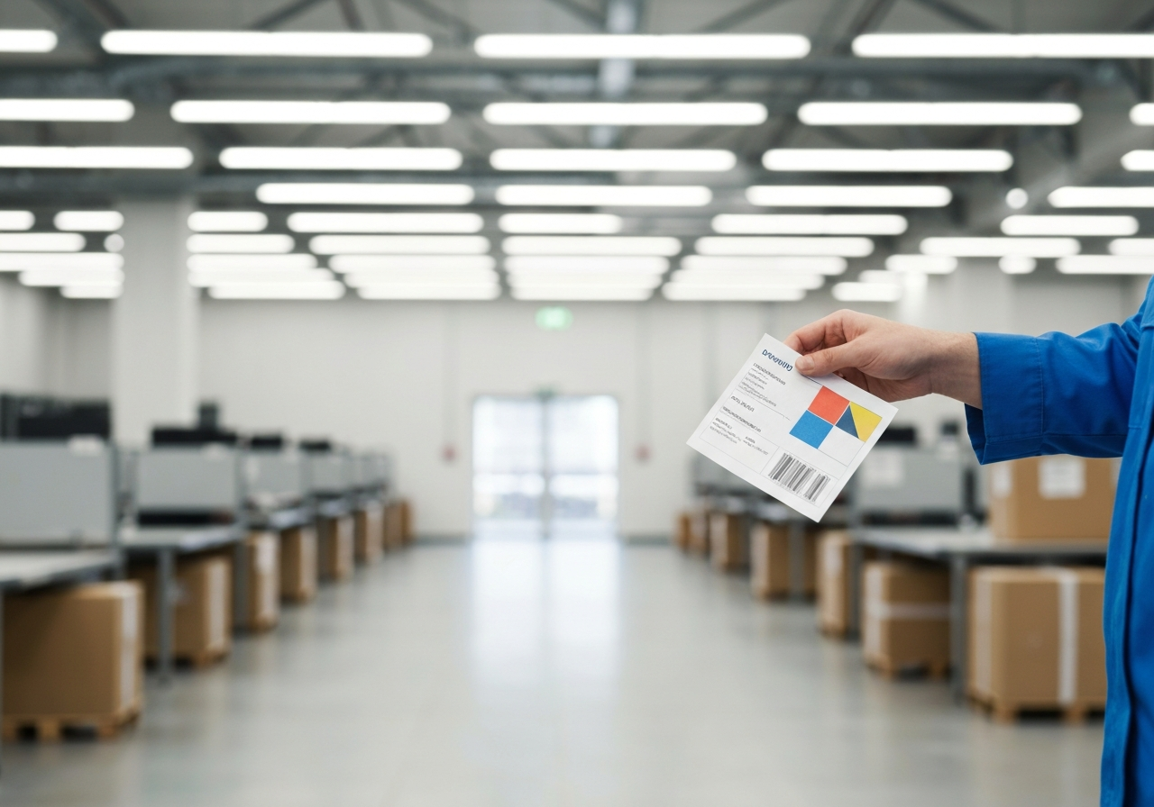 A high-quality editorial shot of a modern, clean parcel sorting facility, a hand holding a clearly labeled shipping document with a blurred background, soft natural lighting, 85mm lens, minimalist aesthetic, professional atmosphere, no text, no words, no letters.