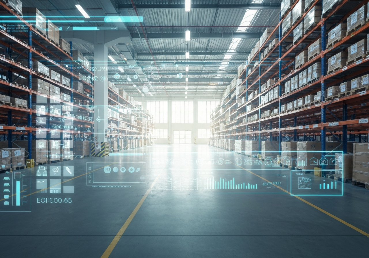 A professional logistics warehouse interior with a futuristic digital interface overlay, clean aesthetic, soft natural light, 85mm lens, corporate editorial style, no text, no words, no letters.