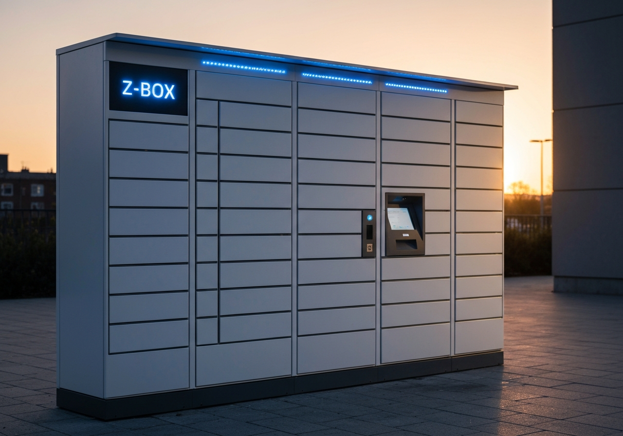 A sleek, modern automated Z-Box parcel locker station in a minimalist urban setting at dusk, glowing soft blue LED indicators, high-tech logistics environment, professional editorial style, sharp focus, 85mm lens, no text, no words, no letters.
