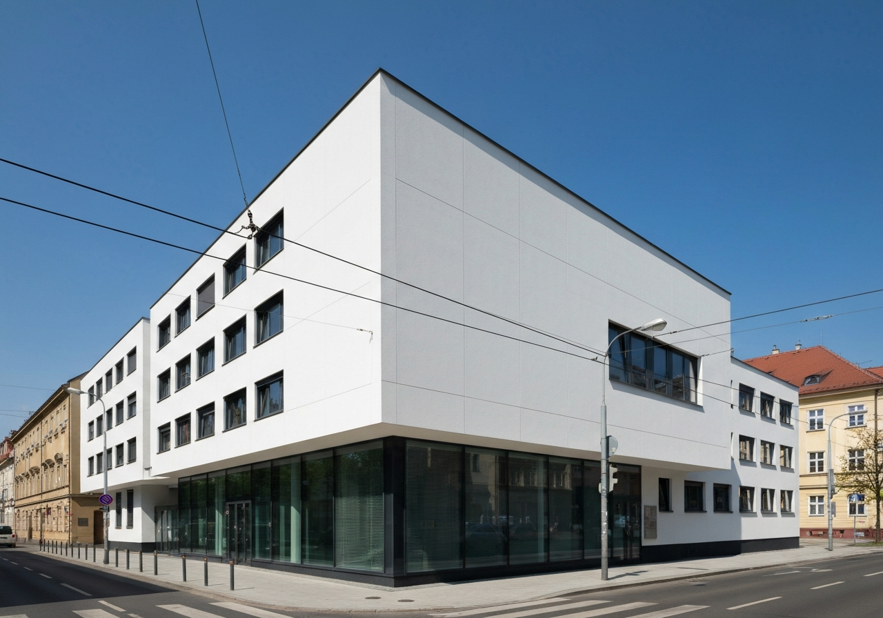 Exterior view of a modern Czech Post office building, clean architecture, daylight, editorial photography, 85mm lens, no text, no words, no letters