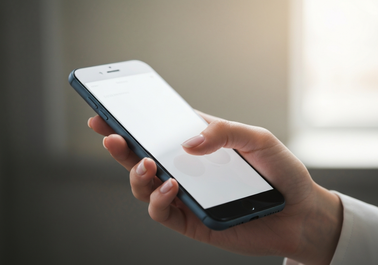 A close-up, high-quality editorial shot of a modern professional hand holding a smartphone with a clean communication interface, blurred post office background, soft natural lighting, 85mm lens, minimalist aesthetic, no text, no words, no letters.