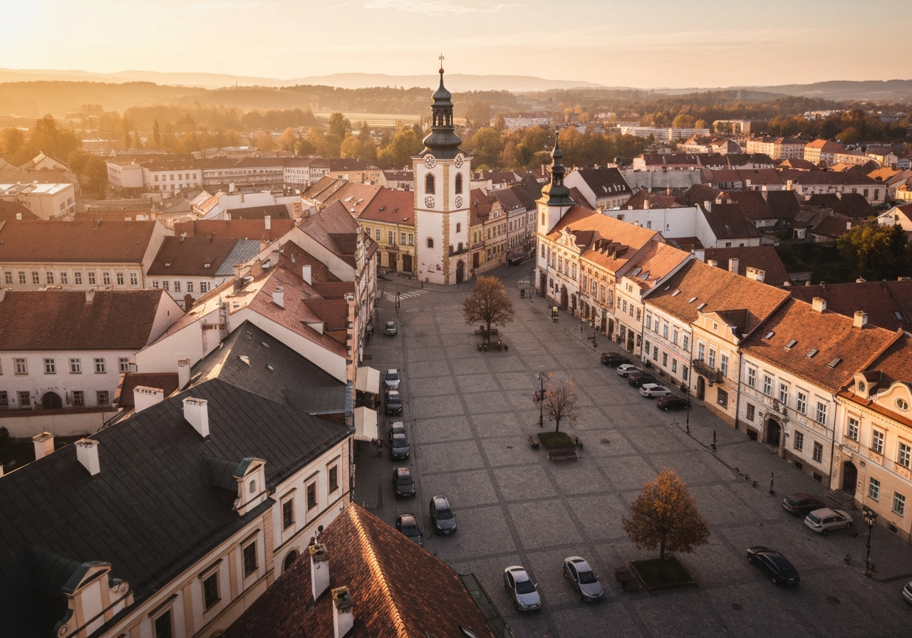 Aerial view of the historical town square of Židlochovice in the South Moravian region, warm morning sunlight, sharp focus, professional architectural photography, 85mm lens, no text, no letters
