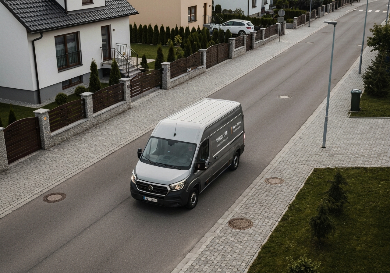 A professional logistics delivery van driving through a modern Czech suburban street, high-angle view, clean architectural lines, premium editorial style, soft daylight, 85mm lens, highly detailed, no text, no words, no letters