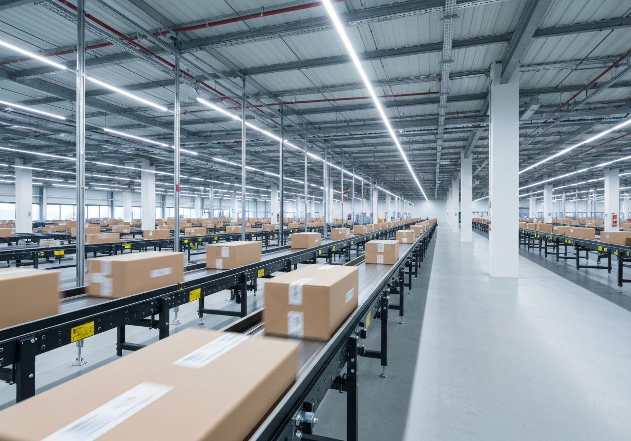 A sleek, modern logistics hub, blurred packages moving on a high-tech conveyor system, minimalist aesthetic, professional editorial style, soft natural light, 85mm lens, high detail, no text, no words, no letters