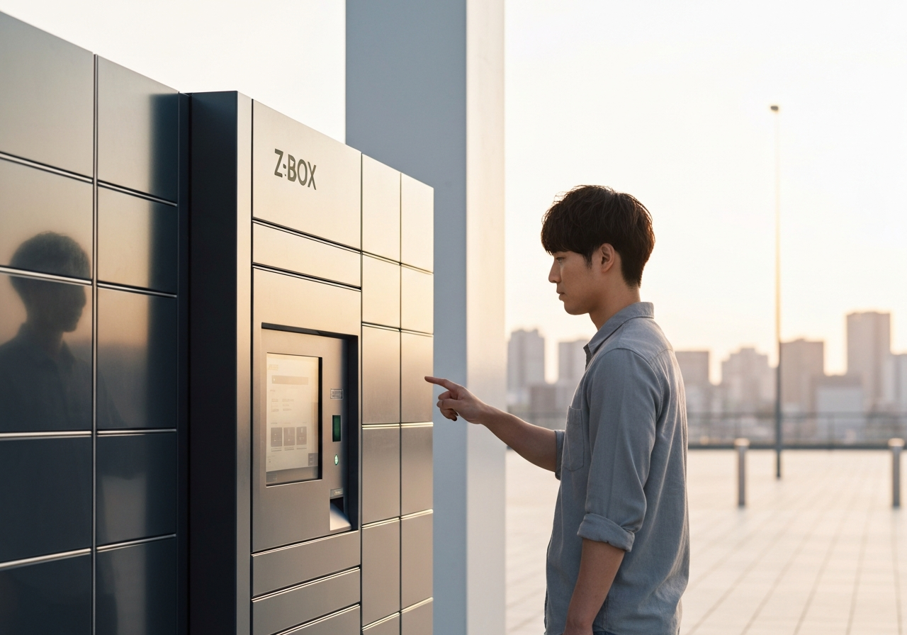 A sleek, modern Z-BOX locker terminal standing in a bright, clean urban environment at sunset, a person interacting with the touchscreen interface, editorial photography, high-end logistics aesthetic, soft natural light, 85mm lens, no text, no words, no letters