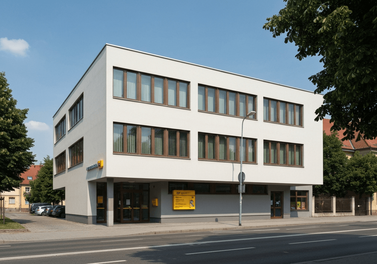 Exterior view of a clean, modern Czech Post office building in Nepomuk, street level perspective, cinematic editorial photography, natural daylight, sharp focus, 85mm lens, no text, no letters.