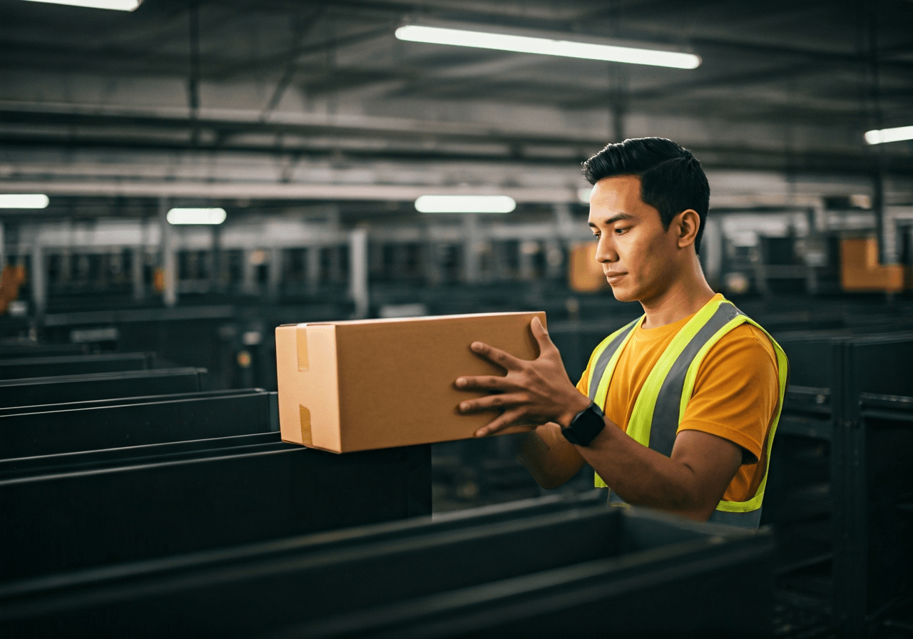 A professional logistics worker handling parcels in a modern, clean postal sorting center, soft natural lighting, high-end editorial photography style, 85mm lens, depth of field, no text, no words, no letters.