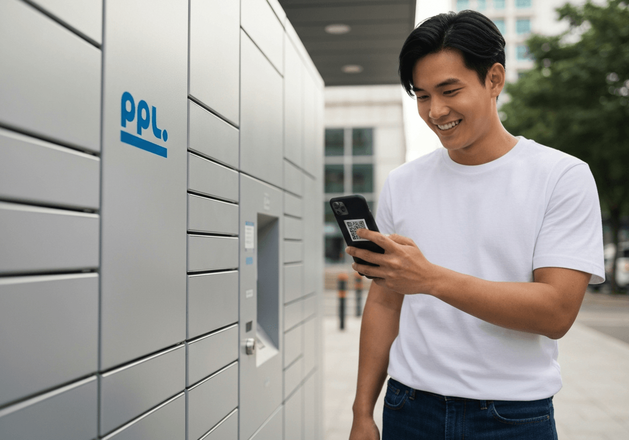 A close-up of a person holding a smartphone near a PPL parcel locker, scanning a digital QR code, modern urban logistics environment, minimalist aesthetic, soft natural daylight, shallow depth of field, 85mm lens, professional photography, no text, no words, no letters