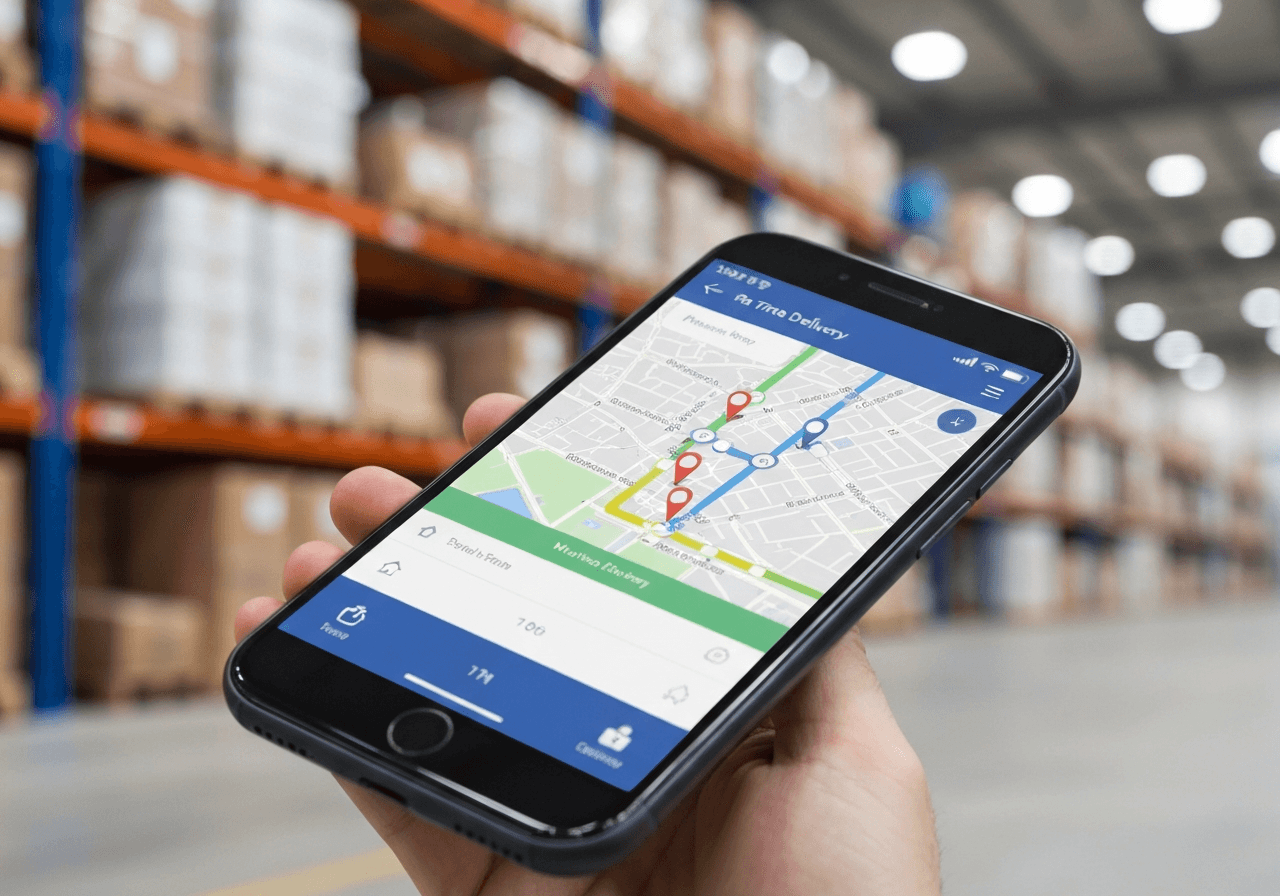 Close-up of a modern smartphone screen displaying a real-time package delivery map interface, modern logistics warehouse background with soft bokeh, Editorial photography, premium clean aesthetic, soft natural light, 85mm lens, highly detailed, no text, no words, no letters