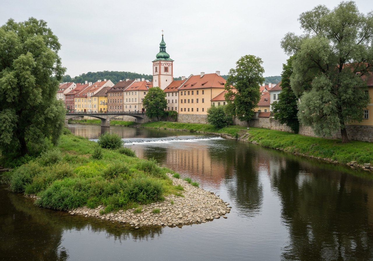 Aerial view of Tyn nad Vltavou at the confluence of Vltava and Luznice rivers, historical architecture with red roofs, lush green landscape of South Bohemia, soft natural light, editorial photography, 85mm lens, high resolution, no text, no words, no letters