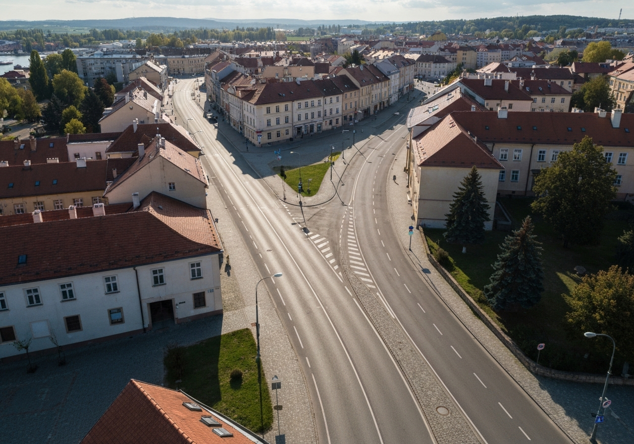 Aerial urban view of Týn nad Vltavou streets, clean asphalt roads, sunny day with soft natural light, editorial photography, high resolution, 85mm lens, no text, no words, no letters.