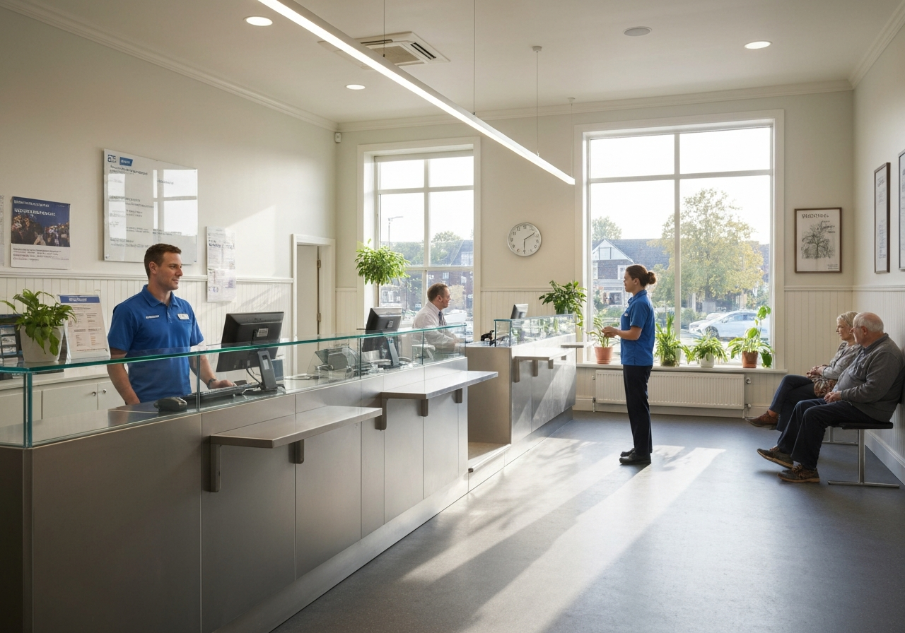 A professional, modern postal service counter in a small town setting, bright and clean interior design, soft natural morning light streaming through a window, shot with an 85mm lens, high resolution, professional editorial style, no text, no words.