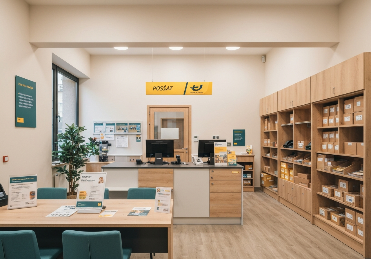 A professional interior view of a modern Czech post office partner branch, clean signage, organized parcel counter, warm interior, soft natural light, editorial photography style, 85mm lens, high quality, no text, no letters