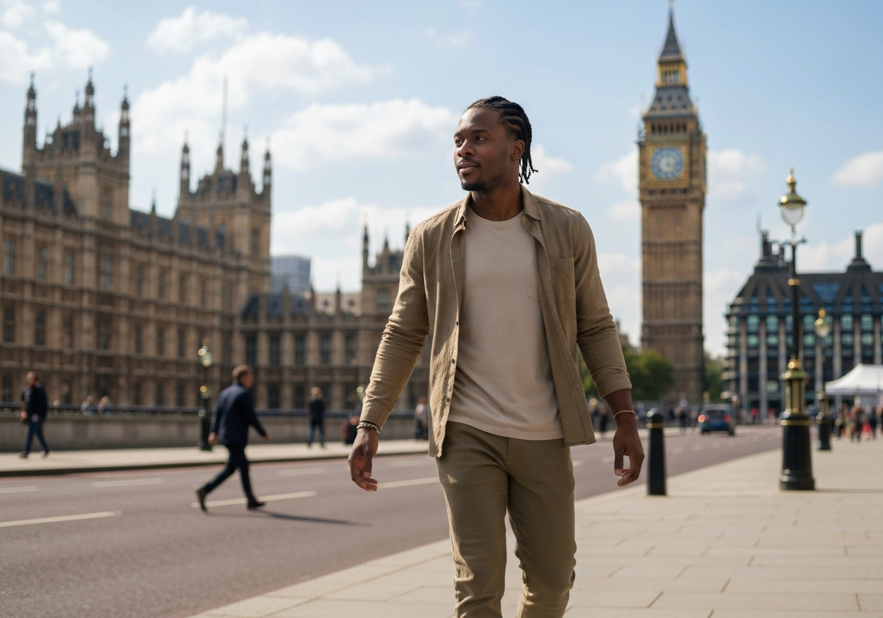 A stylish traveler walking through a sunny London street near Big Ben, hands free, feeling light and relaxed, blurred city background, editorial photography, modern, premium feel, soft natural light, 85mm lens, high resolution, no text, no letters
