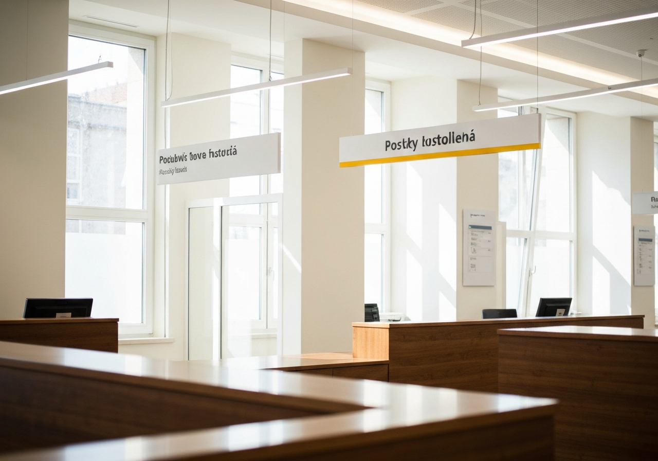 A professional, modern Czech post office interior with clean signage and wooden counters, bright daylight streaming through windows, editorial photography, 85mm lens, high quality, no text, no words, no letters