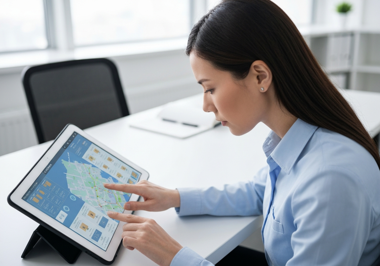 A professional logistics manager using a modern tablet to track packages in a bright, clean office environment, high-tech interface, Editorial photography, soft natural light, 85mm lens, highly detailed, no text, no letters.