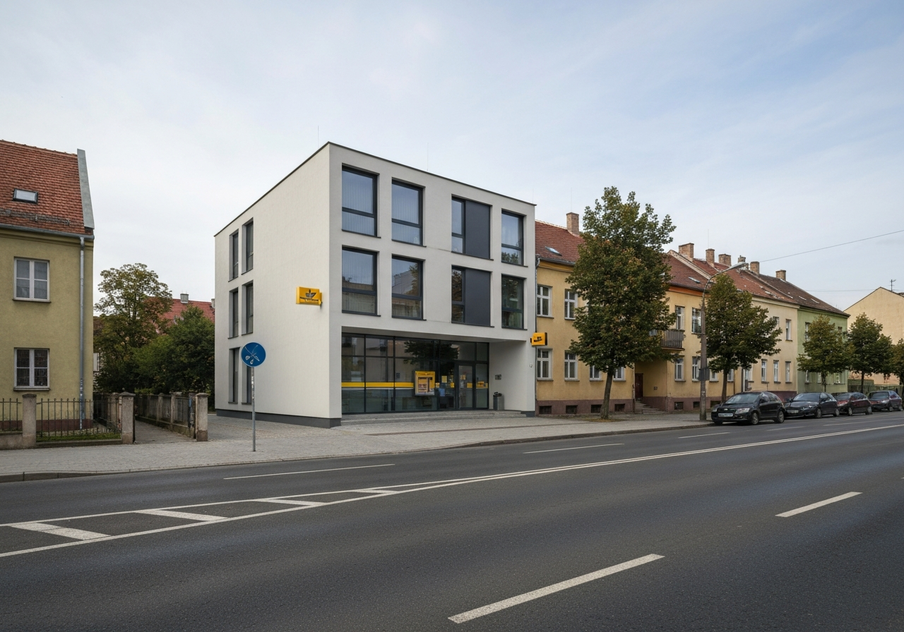 Exterior view of a modern Czech post office branch in a residential area, clean architecture, daylight, street view of Kamínky street in Brno, professional architectural photography, 85mm lens, high resolution, no text, no words, no letters