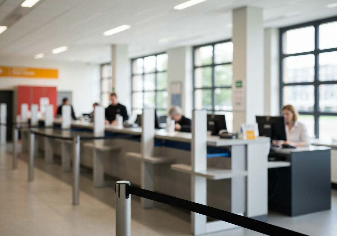 A professional interior view of a modern post office service counter, blurred background, focus on organized queue management, editorial photography, soft natural light, 85mm lens, high quality, no text, no letters, no words