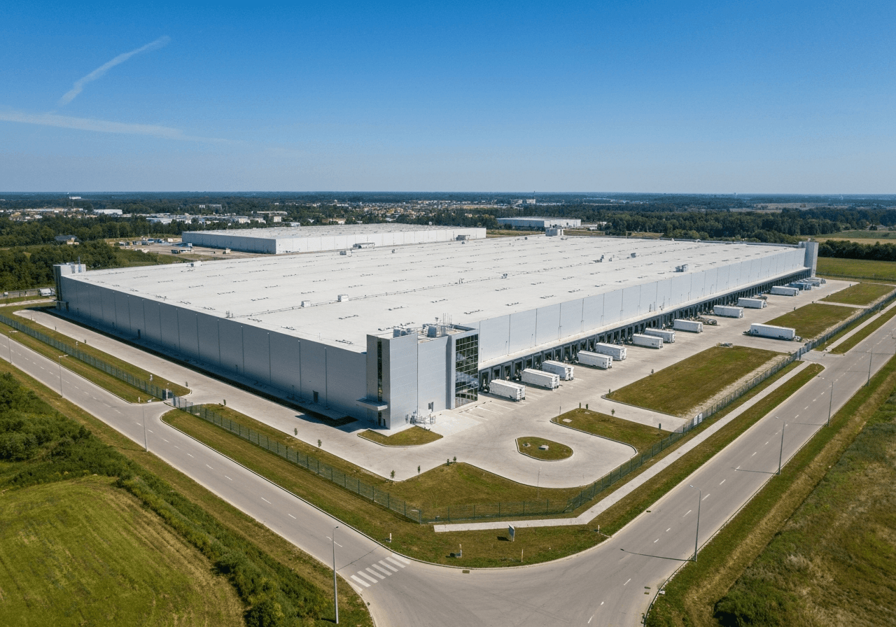 Aerial wide shot of a modern, massive industrial logistics complex in Jirny, clean architectural lines, bright daylight, premium editorial style, 85mm lens, high resolution, no text, no words, no letters.