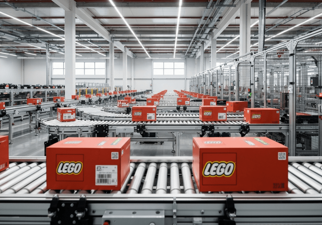 A professional logistics warehouse interior showing branded LEGO boxes being sorted on automated conveyor belts in a clean, modern facility, architectural depth, soft natural light, 85mm lens, high-end editorial photography, no text, no letters.