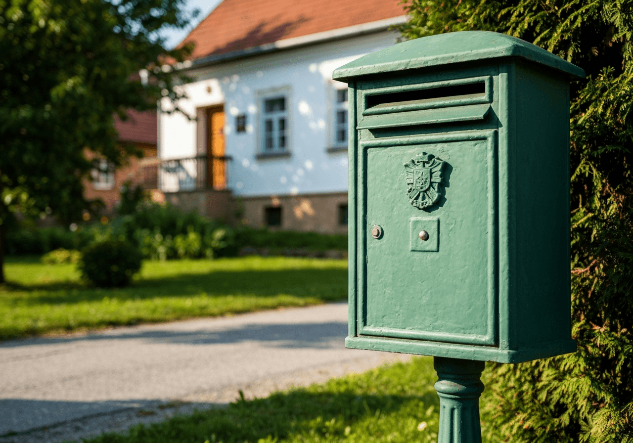 A clean, modern aesthetic shot of a vintage postal mailbox in a Czech village, soft natural sunlight, professional editorial photography, 85mm lens, high detail, no text, no words, no letters.