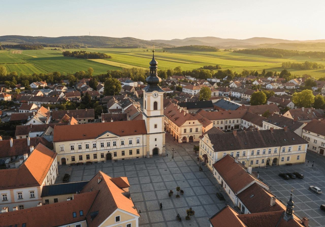 Aerial view of the picturesque town square of Hustopeče nad Bečvou, Moravian landscape in the background, soft golden hour sunlight, architectural photography, sharp focus, 85mm lens, premium quality, no text, no words, no letters