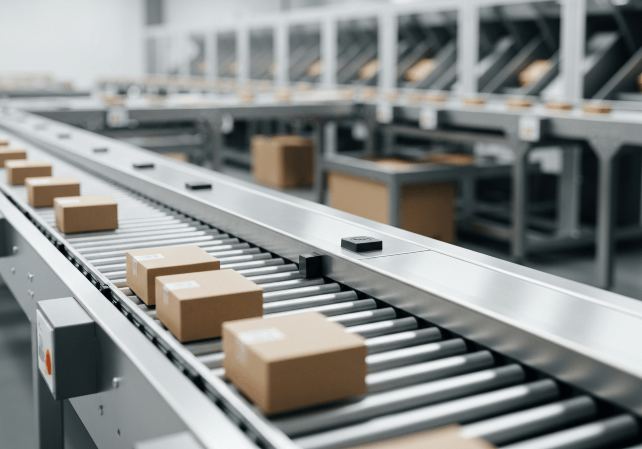 A close-up, high-angle shot of a modern, organized parcel delivery system with blurred sorting machinery in the background, clean industrial aesthetic, soft natural light, 85mm lens, depth of field, premium editorial quality, no text, no letters.